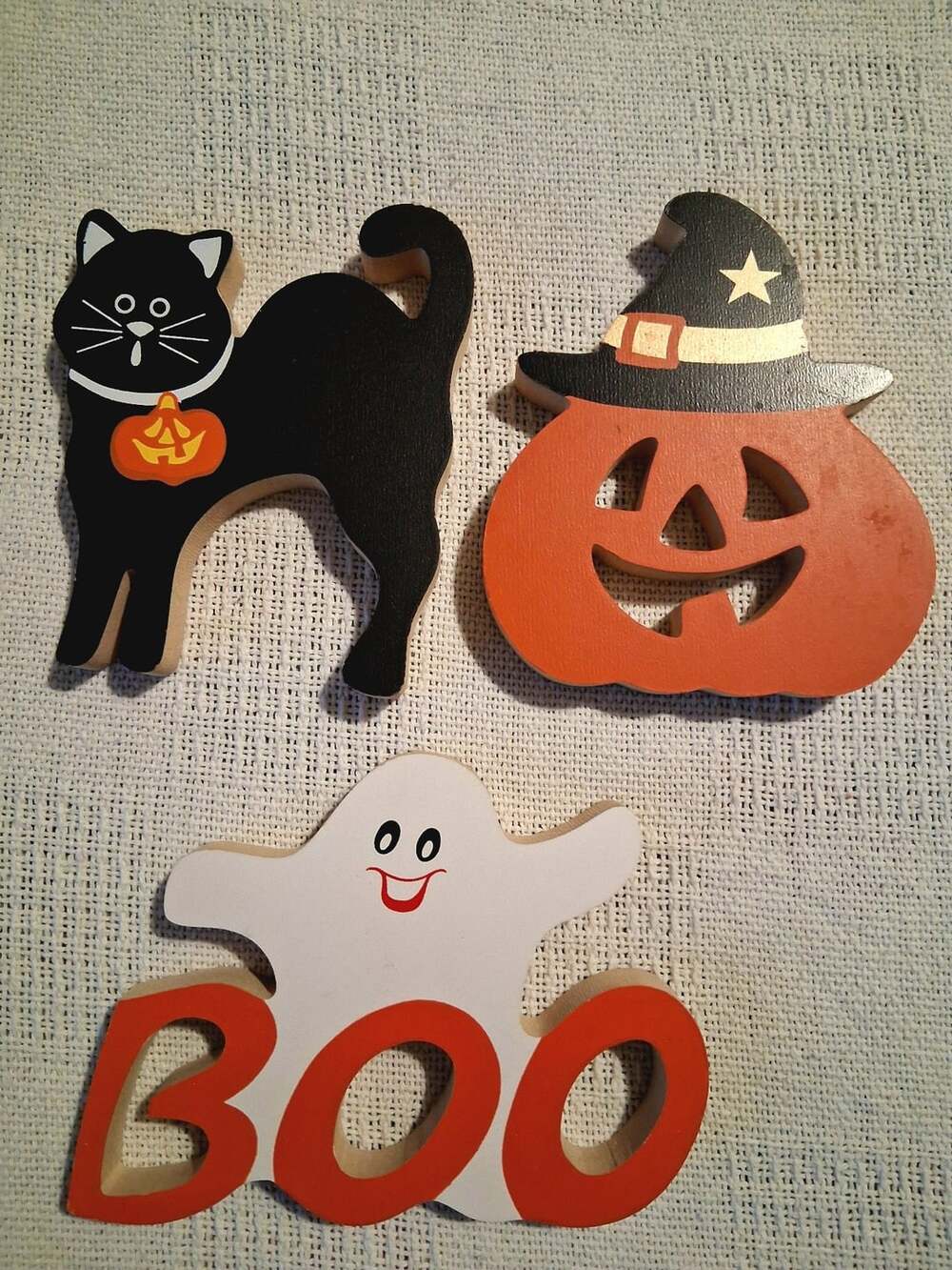 Wooden Halloween Decor Lot Black Cat Pumpkin Ghost Boo Set